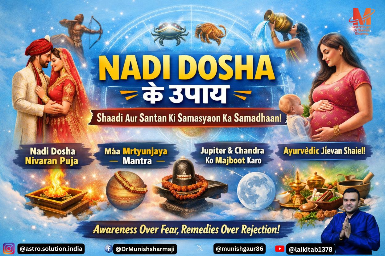 Nadi Dosha remedies for marriage and childbirth, featuring symbolic zodiac motifs and professional layout.