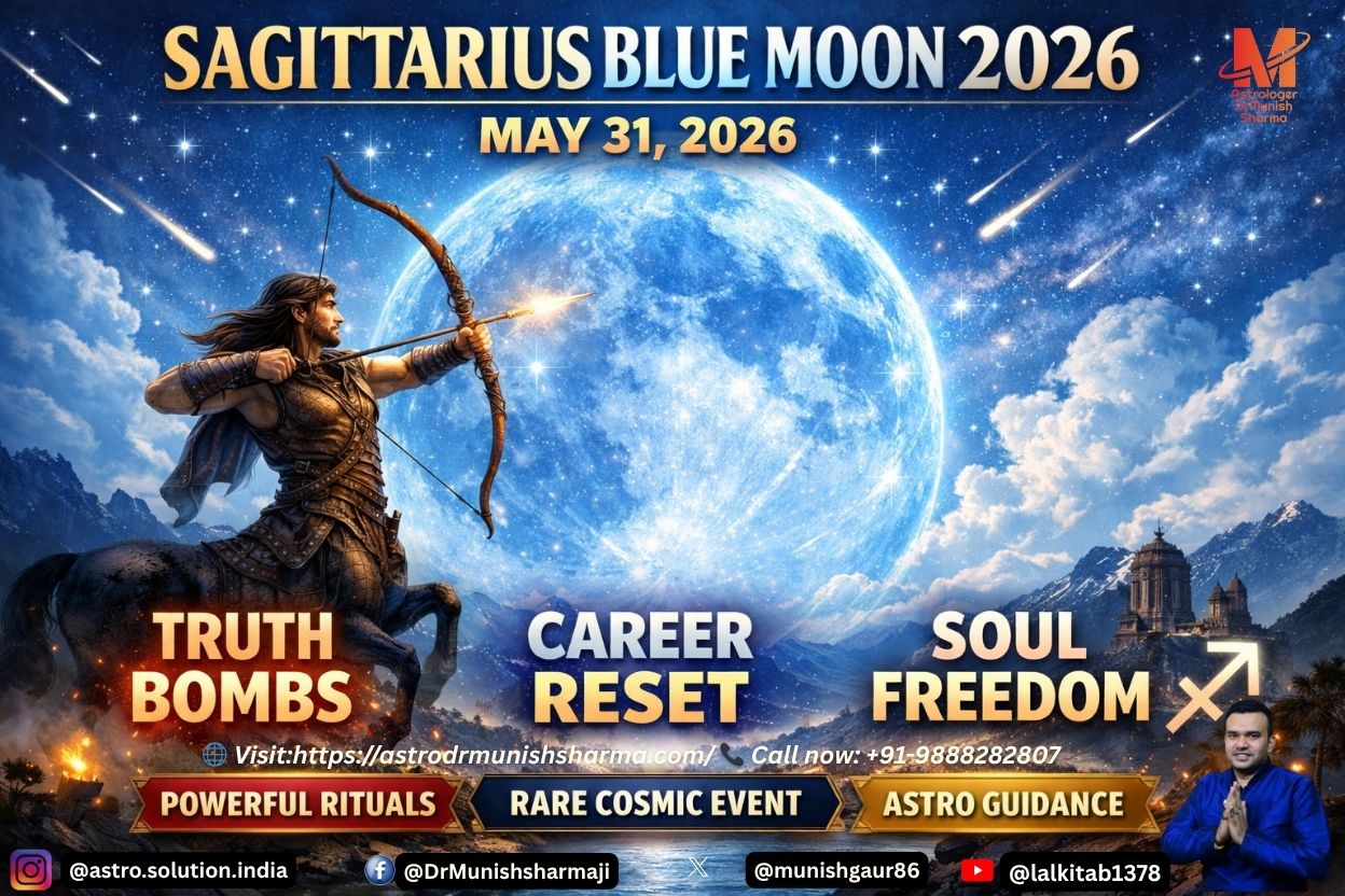 Sagittarius archer zodiac sign, light sky blue background, bold Hinglish overlays – Rare Blue Moon May 31, 2026 cosmic reset.