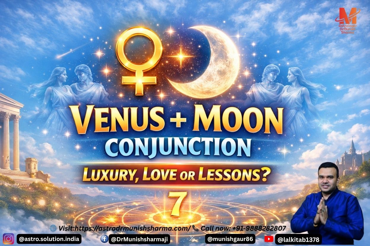 Venus + Moon zodiac symbols in 7th house theme, bold Hinglish overlay: ‘Venus + Moon Conjunction – Luxury, Love or Lessons?’, cosmic aura and Gemini Ascendant motifs.