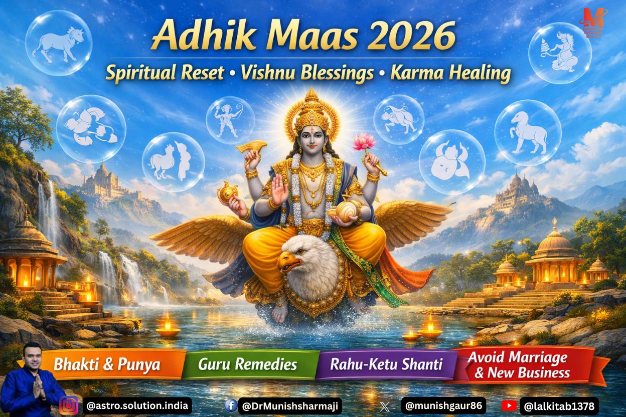 Adhik Maas 2026 Vishnu Puja: Light sky‑blue cinematic background with bold Hinglish overlay — “Adhik Maas 2026: Cosmic Reset for Career, Business & Marriage Remedies” Purushottam Maas Spiritual Cleansing: 7D realistic landscape with Indian zodiac motifs, Vishnu aura, and keywords “Spiritual Reset, Vishnu Blessings, Karma Healing” Adhik Maas Career Remedies: Professional cinematic frame with bold Hinglish text — “Nayi Job? Vishnu Puja & Mantra Remedies”