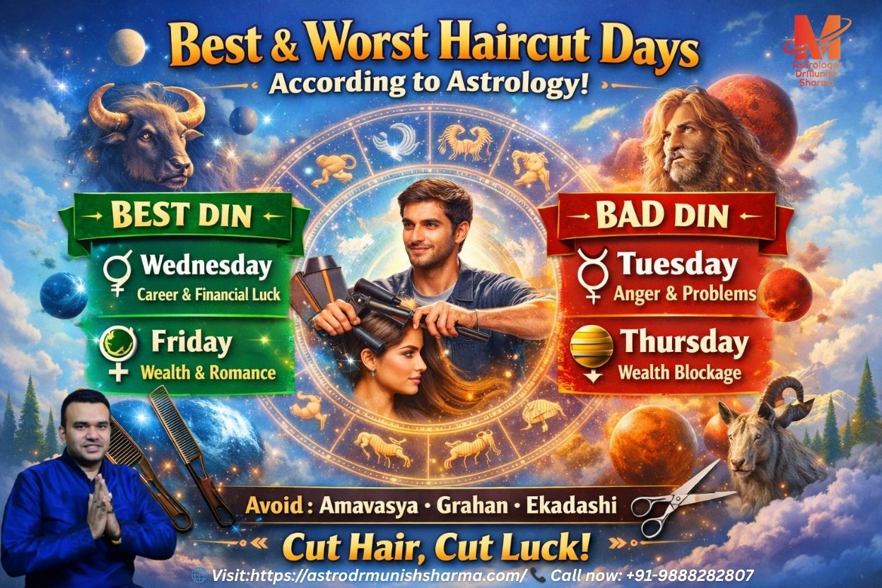 haircut and nail cutting traditions. Astrology grooming guide visual showing cosmic haircut rules, Rahu transit 2026, financial remedies, and Vedic nail cutting astrology