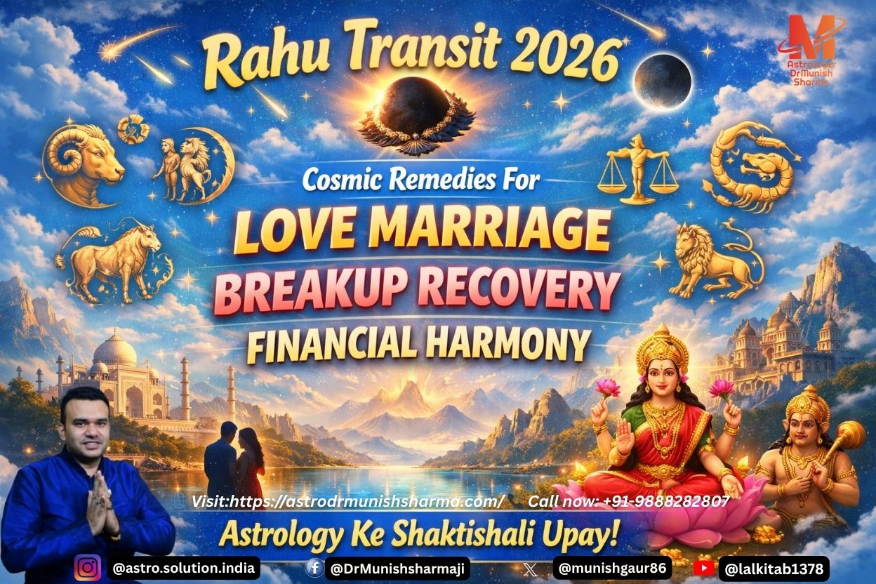 Rahu Transit 2026 remedies for love, marriage, breakup recovery, and financial harmony. Astrology visual showing cosmic remedies for financial disputes, debt relief, and relationship healing with bold Hinglish overlays and Vedic motifs.