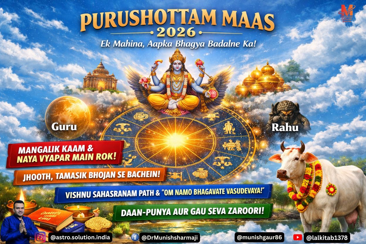 Purushottam Maas 2026 Vishnu Puja: Light sky-blue 7D cinematic background with bold Hinglish text overlay, depicting Vishnu Sahasranam chanting and Adhik Maas remedies. Keywords: Purushottam Maas, Vishnu Puja, Adhik Maas remedies, financial astrology, marriage delay solutions. Adhik Maas Remedies for Wealth: Cinematic landscape with Indian zodiac motifs, Tulsi leaves, diya, and mantra “Om Namo Bhagavate Vasudevaya”. Keywords: Vishnu mantra, wealth remedies, financial astrology, Purushottam Maas 2026. Astrology Solutions in Purushottam Maas: Sky-blue aura with zodiac wheel, highlighting Jupiter and Rahu remedies. Keywords: astrology remedies, career obstacles, marriage delay, Vishnu worship.