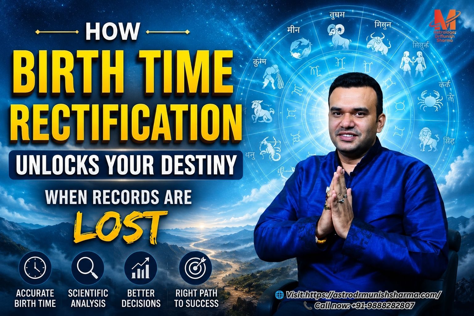 Birth Time Rectification astrology – A symbolic cosmic clock unlocking hidden destiny when birth records are missing. Lost birth records astrology – Vedic astrologer analyzing life events to reconstruct exact horoscope. Accurate Kundli without birth time – Divisional charts and planetary transits aligning with real‑life milestones. Astrological fingerprint rectification – Matrix of marriage, career, relocation, and health events mapped to planets. Online birth time correction consultation – Digital astrology service restoring clarity to destiny.