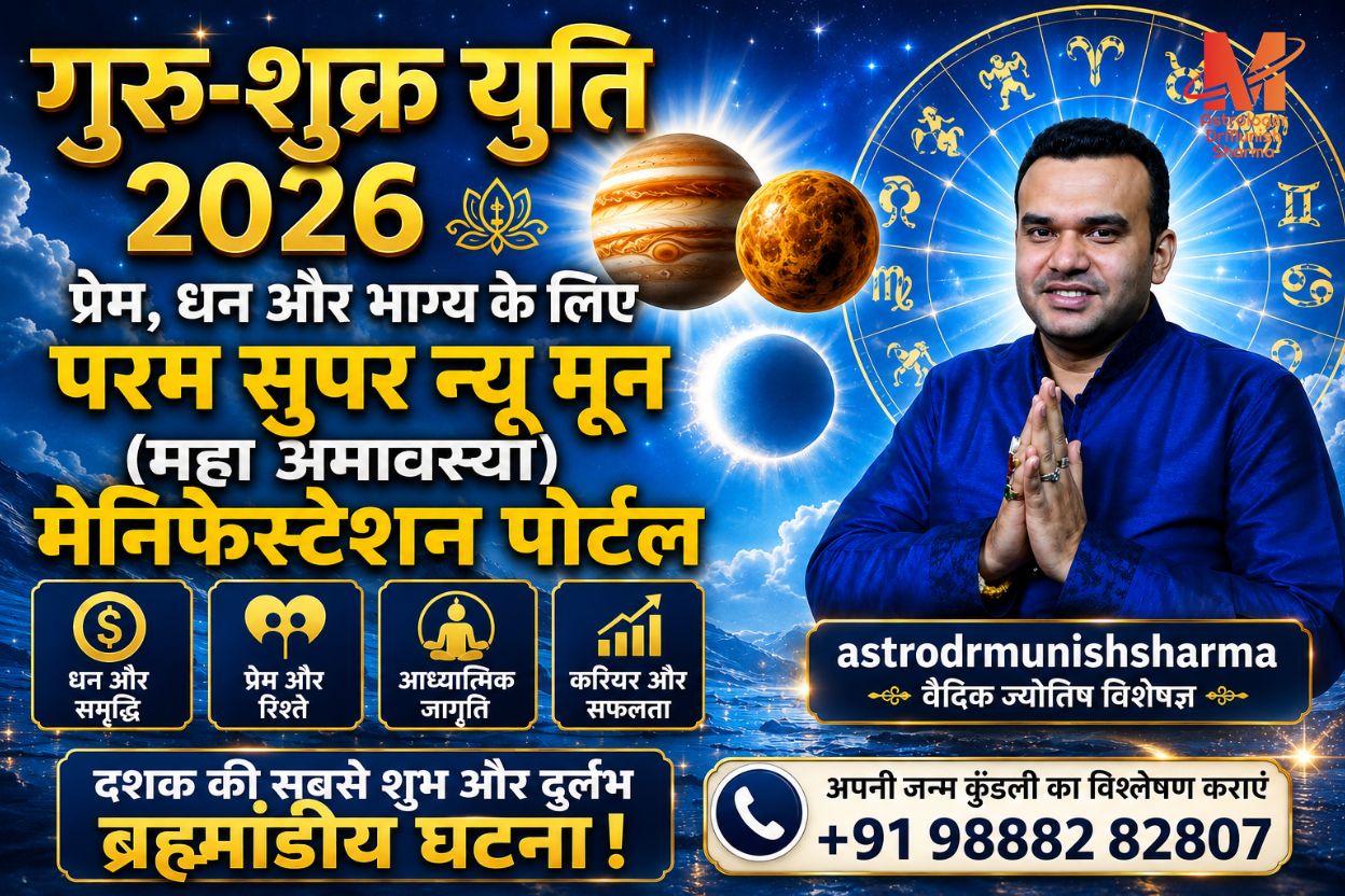 Guru Shukra Yuti 2026 – Super New Moon Manifestation Portal in Cancer Zodiac, Vedic Astrology Remedies for Love, Wealth, and Destiny. Super New Moon 2026 – Rare Jupiter Venus Conjunction, Emotional Healing, Financial Abundance, Relationship Astrology Guidance. Cancer Zodiac Conjunction – Spiritual Awakening, Property Investments, Family Harmony, Ancestral Blessings.