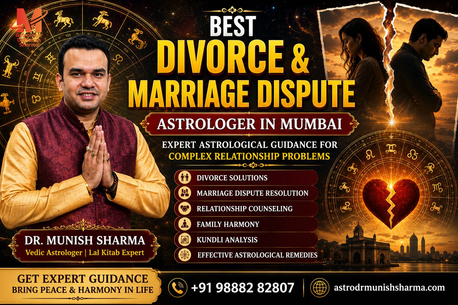 Dr. Munish Sharma, the best divorce astrologer in Mumbai, providing expert marriage dispute astrology consultations and Vedic horoscope analysis. Vedic astrology chart illustrating how Mangal Dosha, an afflicted 7th house, and malefic Rahu-Ketu transits trigger severe marital discord and divorce threats. Time-tested Vedic marriage remedies, including Graha Shanti Puja and mantra meditation, designed to dissolve relationship negativity and prevent divorce.