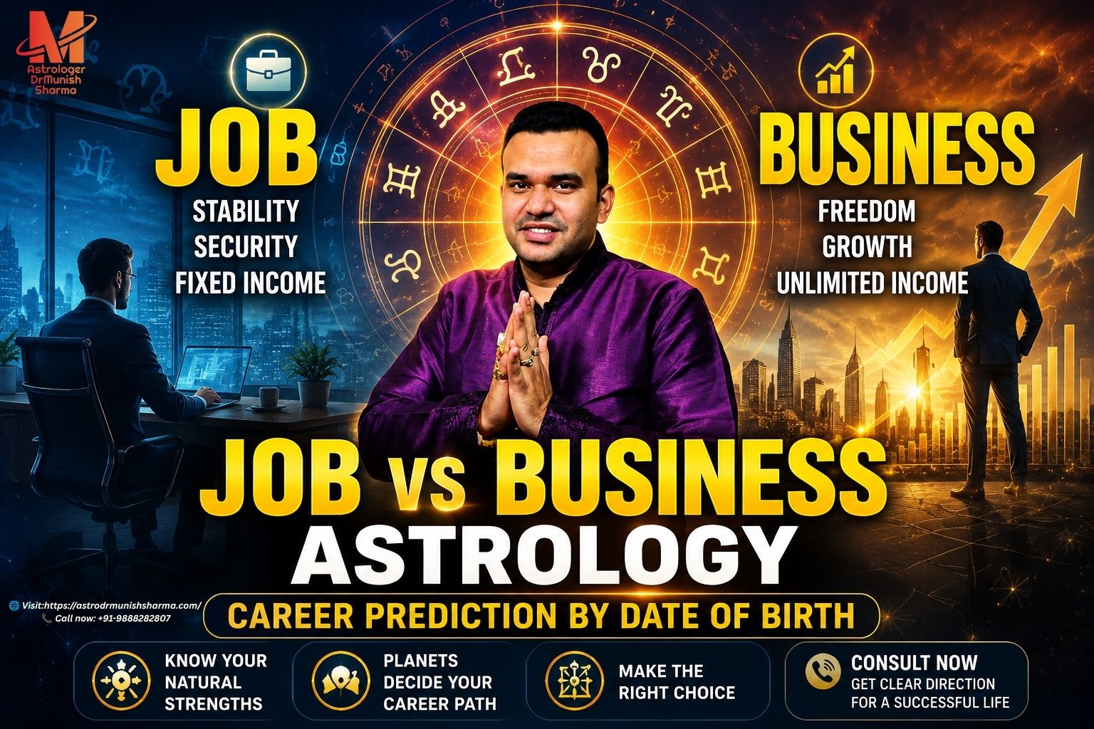 Astrology chart showing career houses (6th, 7th, 10th, 11th) Job vs business astrology prediction by date of birth Vedic astrology career guidance for entrepreneurs and professionals Corporate career success through strong 6th and 10th houses Entrepreneurship astrology with dominant 7th and 11th houses