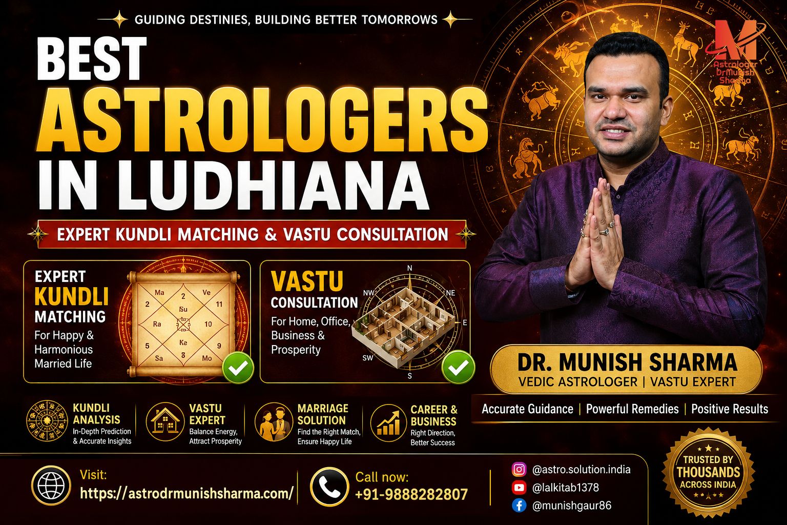 "Best astrologer in Ludhiana offering Kundli matching", "Expert Vastu consultation in Ludhiana homes and offices", "AstroDrMunishSharma career astrology guidance Punjab", "Marriage compatibility Kundli matching Ludhiana", "Authentic Vedic astrology consultation in Ludhiana"