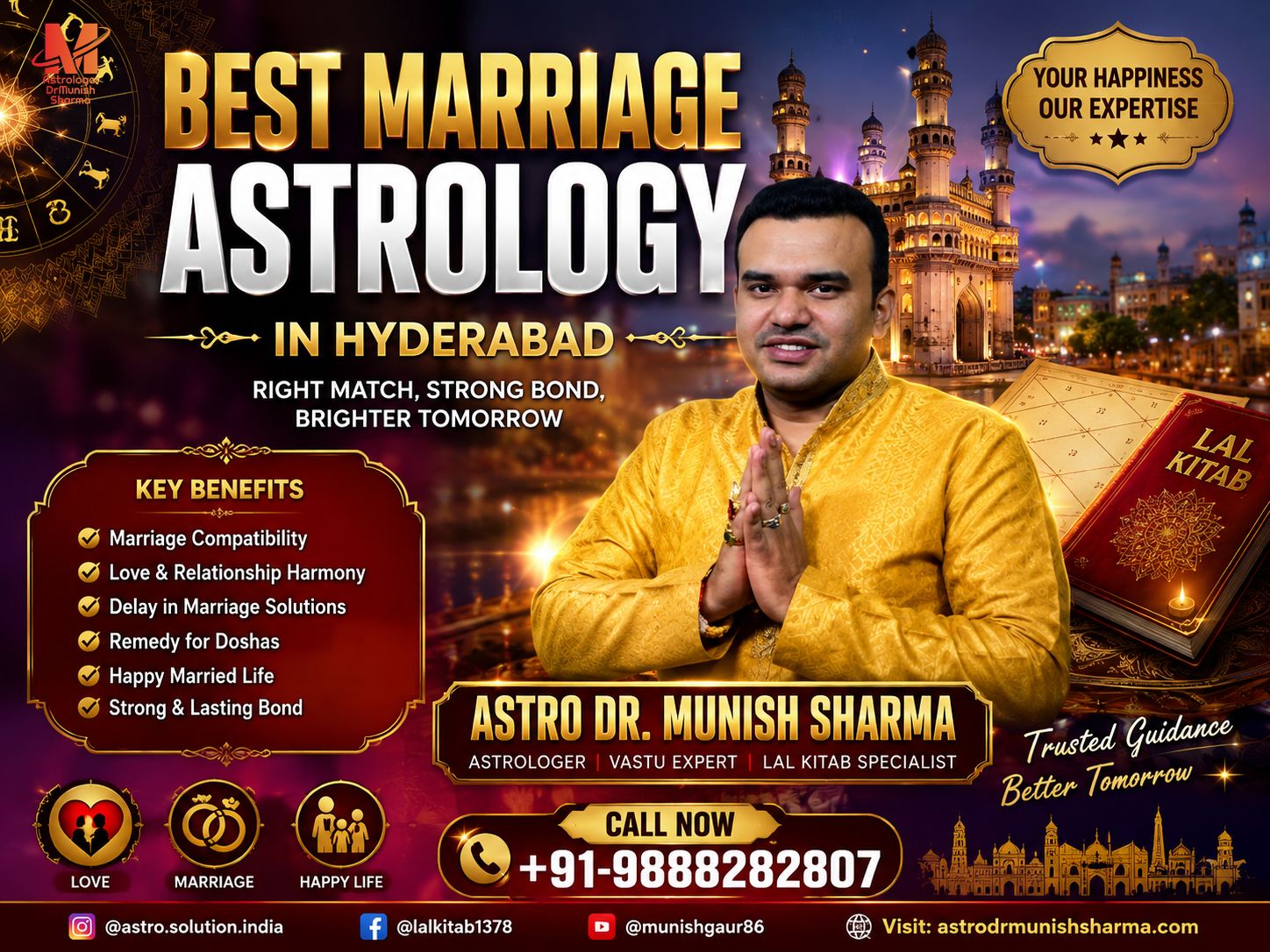 Hyderabad Marriage Astrology Consultation – Zodiac chart overlay with Charminar backdrop, symbolizing accurate marriage predictions. Kundli Matching in Hyderabad – Horoscope scroll with Navamsa chart and Guna Milan score, highlighting compatibility analysis. Mangal Dosha Remedies Hyderabad – Mars symbol with Vedic yantra and temple bells, representing Manglik solutions. Love Marriage Astrology Hyderabad – Romantic couple silhouette with planetary transit overlay, symbolizing love vs arranged marriage guidance. Future Spouse Prediction Hyderabad – Zodiac wheel with professional icons, showing spouse profiling through astrology. Delayed Marriage Solutions Hyderabad – Saturn and Rahu planetary motifs with Hyderabad skyline, symbolizing remedies for marriage delays.