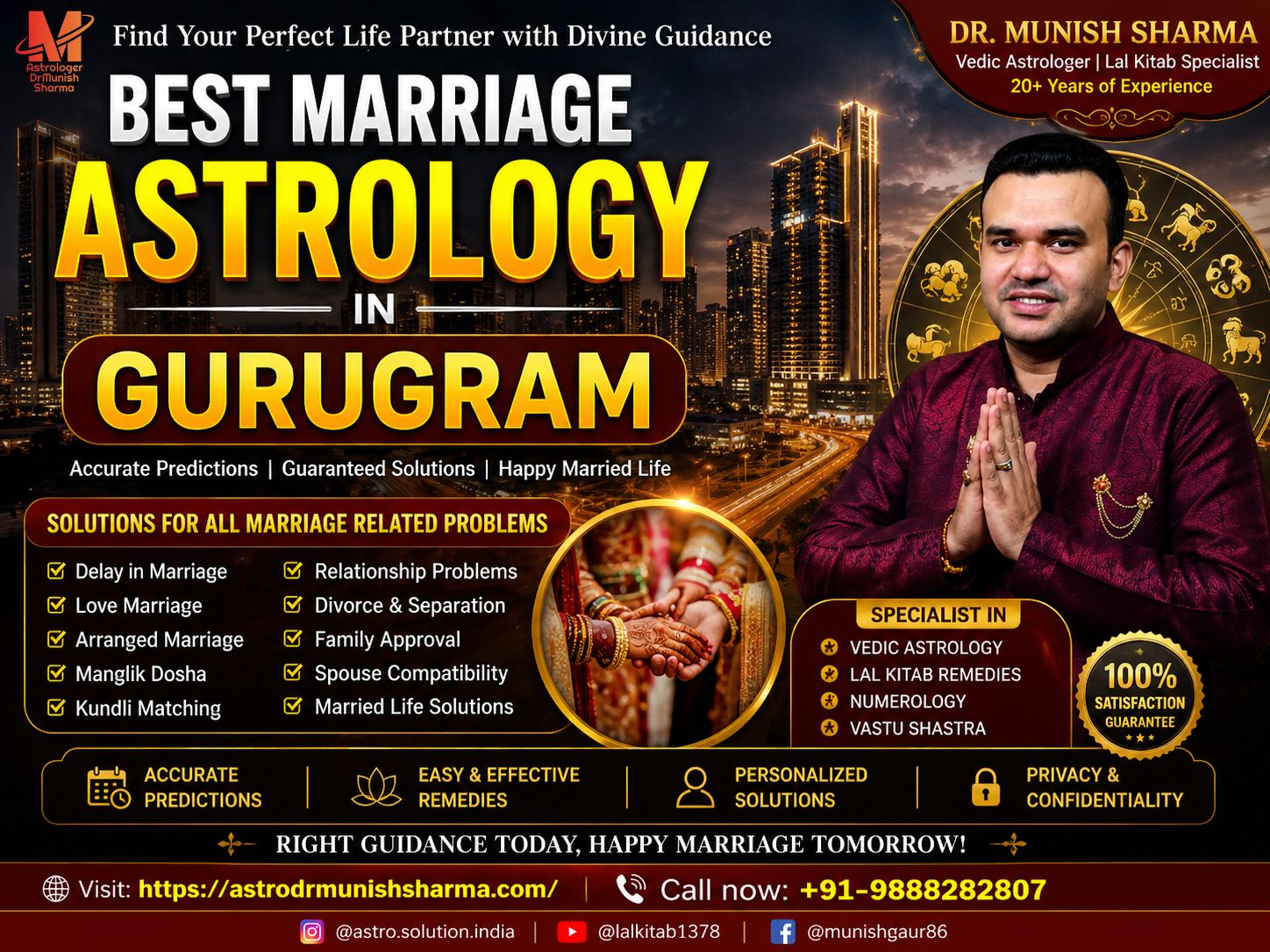 Marriage Astrology Gurugram – Kundli matching, marriage predictions, Mangal Dosha remedies Kundli Matching Sector 56 – Accurate Guna Milan, compatibility analysis, Vedic remedies Love Marriage Astrology Cyber City – Horoscope reading for love vs arranged marriage Delayed Marriage Remedies Gurugram – Saturn, Rahu, Ketu solutions, gemstone guidance Mangal Dosha Solutions Gurugram – Manglik evaluation, cancellation yogas, practical remedies