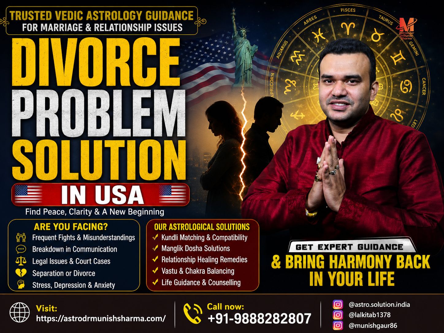 Divorce Problem Solution in USA – Vedic Astrology Guidance for Marriage & Love Problems Trusted Astrologer for Husband Wife Disputes, Separation & Relationship Healing in USA Love Problem Solution Astrologer in California, Texas, New York, Florida & Michigan Online Vedic Astrology Consultation for Divorce, Marriage Compatibility & Emotional Healing