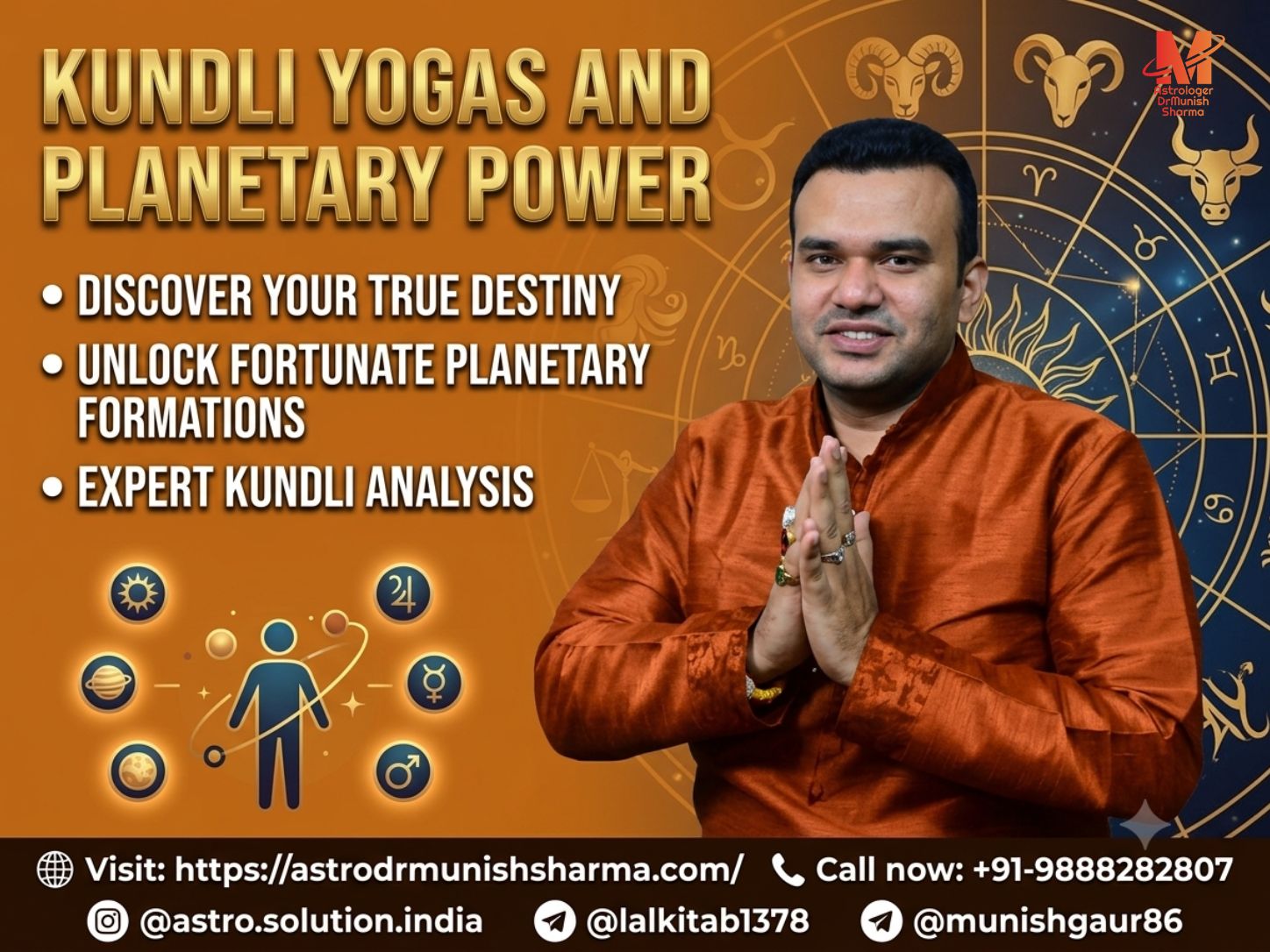 Raj Yoga Kundli Analysis: "Detailed Raj Yoga Kundli chart showing leadership, authority, and career astrology consultation in Delhi NCR, USA, UK, Canada." Dhana Yoga Wealth Indicators: "Astrological Dhana Yoga chart highlighting wealth accumulation, financial astrology remedies, and prosperity solutions in Ghaziabad, Noida, Mumbai, Texas, Florida." Pancha Mahapurusha Yoga Guide: "Illustration of Pancha Mahapurusha Yogas with Mars, Mercury, Jupiter, Venus, Saturn showcasing personality traits and Vedic astrology consultation worldwide." Gajakesari Yoga Chart: "Vedic astrology Gajakesari Yoga diagram showing Jupiter and Moon alignment for wisdom, reputation, and career astrology solutions in India and diaspora cities." Viparita Raja Yoga Remedies: "Astrological Viparita Raja Yoga chart depicting resilience, transformation, and success through adversity with astrology remedies in NCR, USA, UK, Dubai."