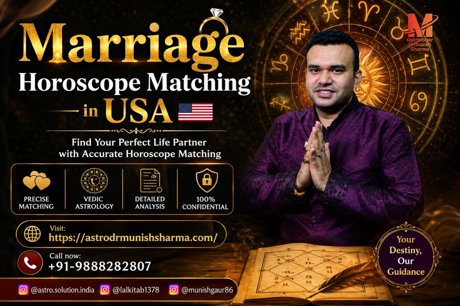 Marriage Horoscope Matching USA – Kundli Milan for intercultural couples, NRI compatibility, and love marriage timing Best Love Astrologer USA – Vedic astrology consultation for relationship stability and compatibility NRI Kundli Matching USA – Online horoscope matching for long‑distance and intercultural couples Astrodr Munish Sharma – Expert astrologer for marriage compatibility, Manglik remedies, and planetary guidance