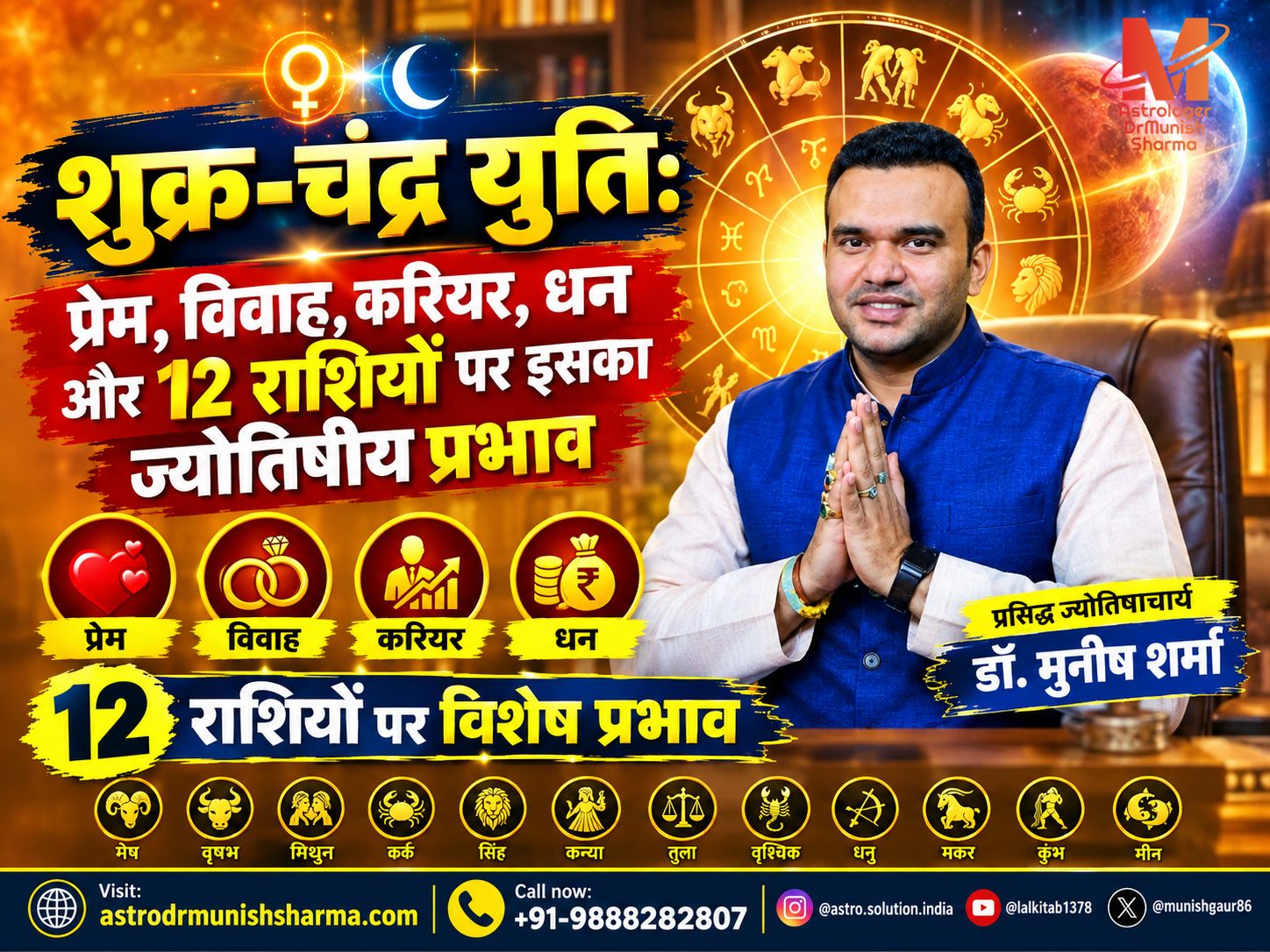 Shukra Chandra Yuti Astrology – Venus Moon Conjunction effects on love, marriage, career, wealth, zodiac signs, kundli analysis, astrodrmunishsharma consultation.