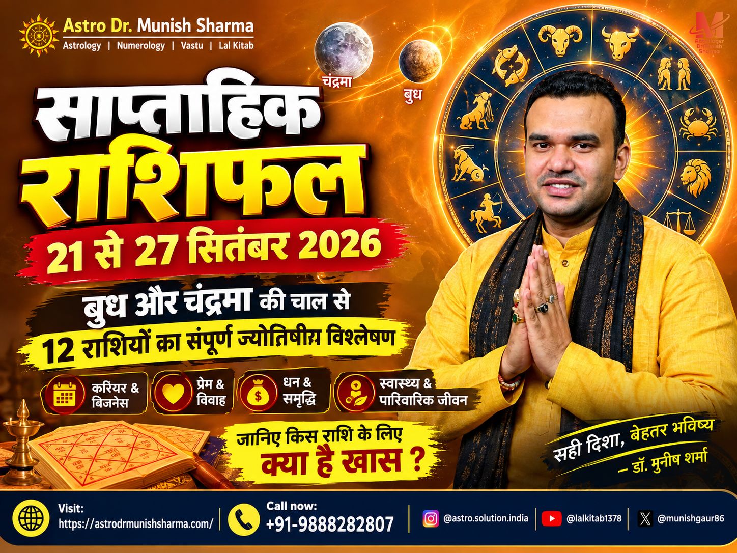 साप्ताहिक राशिफल 21 से 27 सितंबर 2026 – बुध तुला राशि गोचर, मेष पूर्णिमा, करियर, प्रेम, धन और पारिवारिक जीवन का ज्योतिषीय विश्लेषण astrodrmunishsharma द्वारा