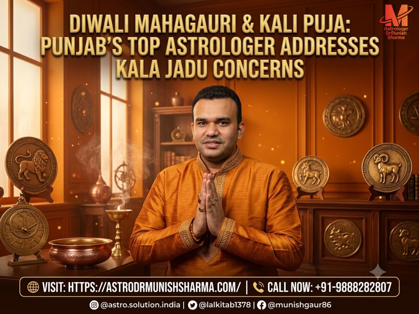 Diwali Mahagauri and Kali Puja altar decorated with diyas, flowers, sacred offerings, and spiritual symbols representing peace, protection, positivity, prosperity, and Vedic blessings.
