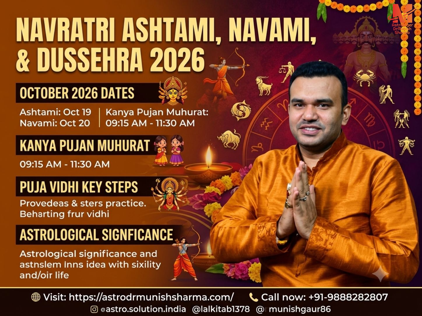 Navratri Ashtami, Maha Navami and Dussehra 2026 calendar guide showing Kanya Pujan Muhurat, Durga Ashtami date, Navami Havan timing, Vijayadashami significance, Panchang calculations, sunrise tithi rules, Navratri rituals, Vedic astrology insights and frequently asked questions about Navratri 2026 celebrations.