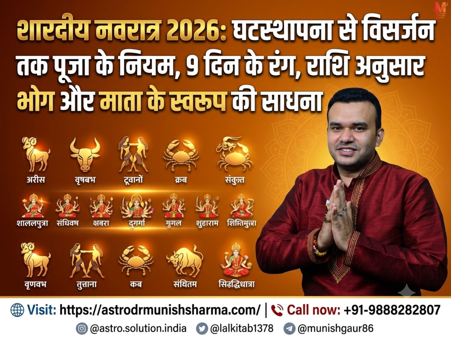 शारदीय नवरात्रि 2026 में घटस्थापना मुहूर्त, नवदुर्गा पूजा, 9 दिन के शुभ रंग, राशि अनुसार भोग, अखंड ज्योति नियम, दुर्गा साधना, कलश स्थापना, नवरात्रि पूजा विधि, वास्तु अनुसार माता की चौकी और देवी के नौ स्वरूपों की आराधना दर्शाता धार्मिक पोस्टर।