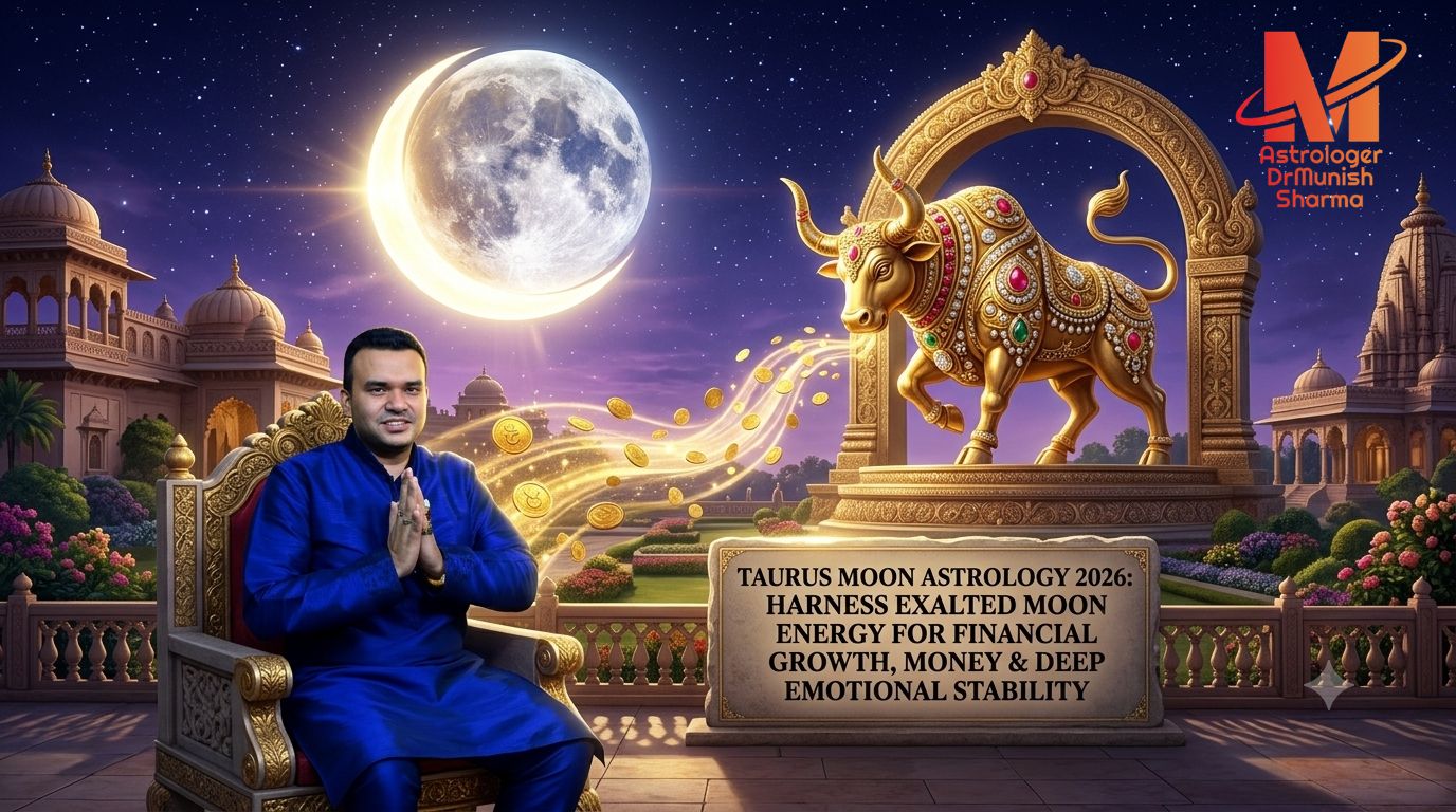 Taurus Moon Astrology 2026 illustration showing exalted Moon energy in Taurus supporting financial growth, emotional stability, wealth planning, career success, and Vedic remedies.