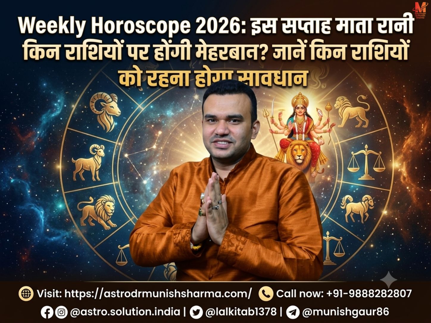 Weekly Horoscope 11-17 October 2026 in Hindi featuring Sharadiya Navratri Rashifal, Maa Durga blessings, 12 zodiac signs predictions, career horoscope, love horoscope, money horoscope, Taurus Gemini Leo Libra Pisces lucky signs, Aries Virgo Scorpio Capricorn caution, Vedic astrology forecast by Astro Dr Munish Sharma.